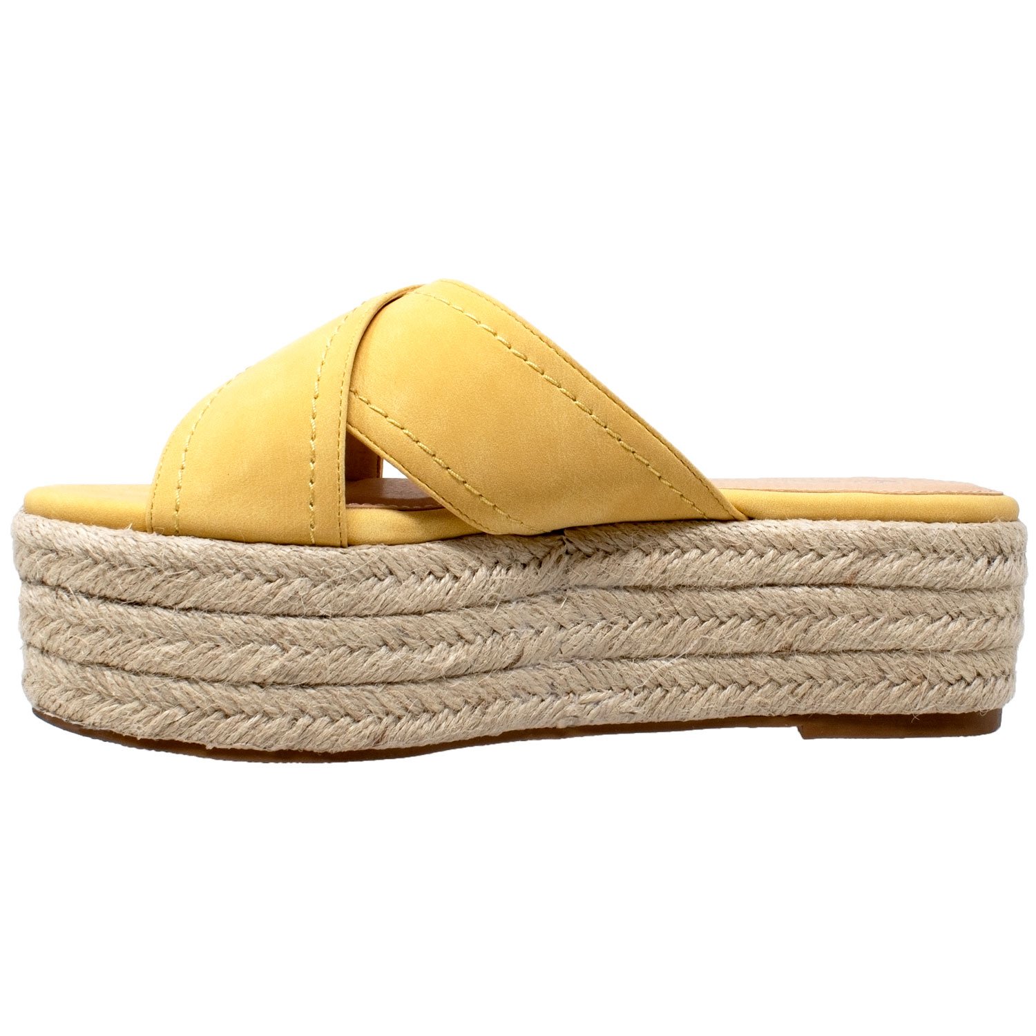 Flatform Espadrille Wedge Sandal featuring criss-cross straps and braided jute platform in various colors.