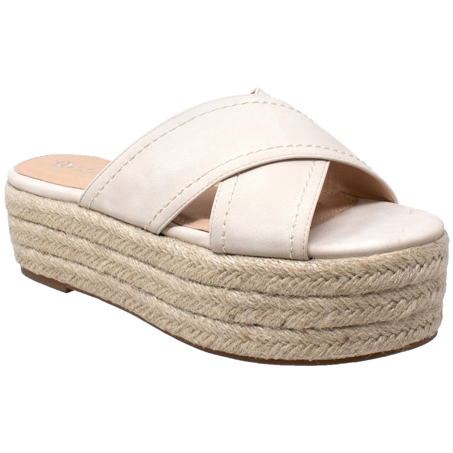 Flatform Espadrille Wedge Sandal featuring criss-cross nubuck leather straps and braided jute platform, available in multiple colors.