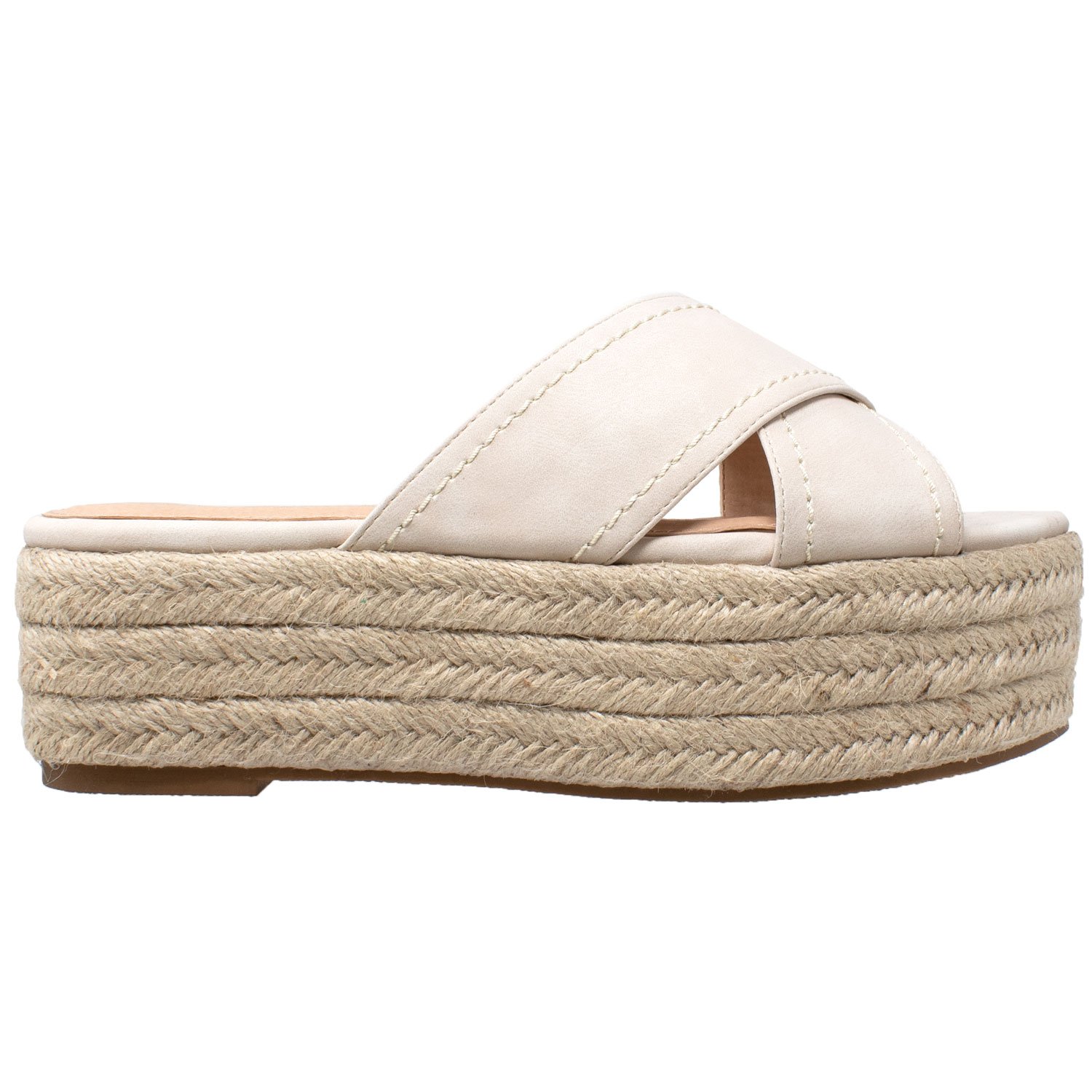 Flatform Espadrille Wedge Sandal featuring criss-cross nubuck leather straps and braided jute platform, available in multiple colors.