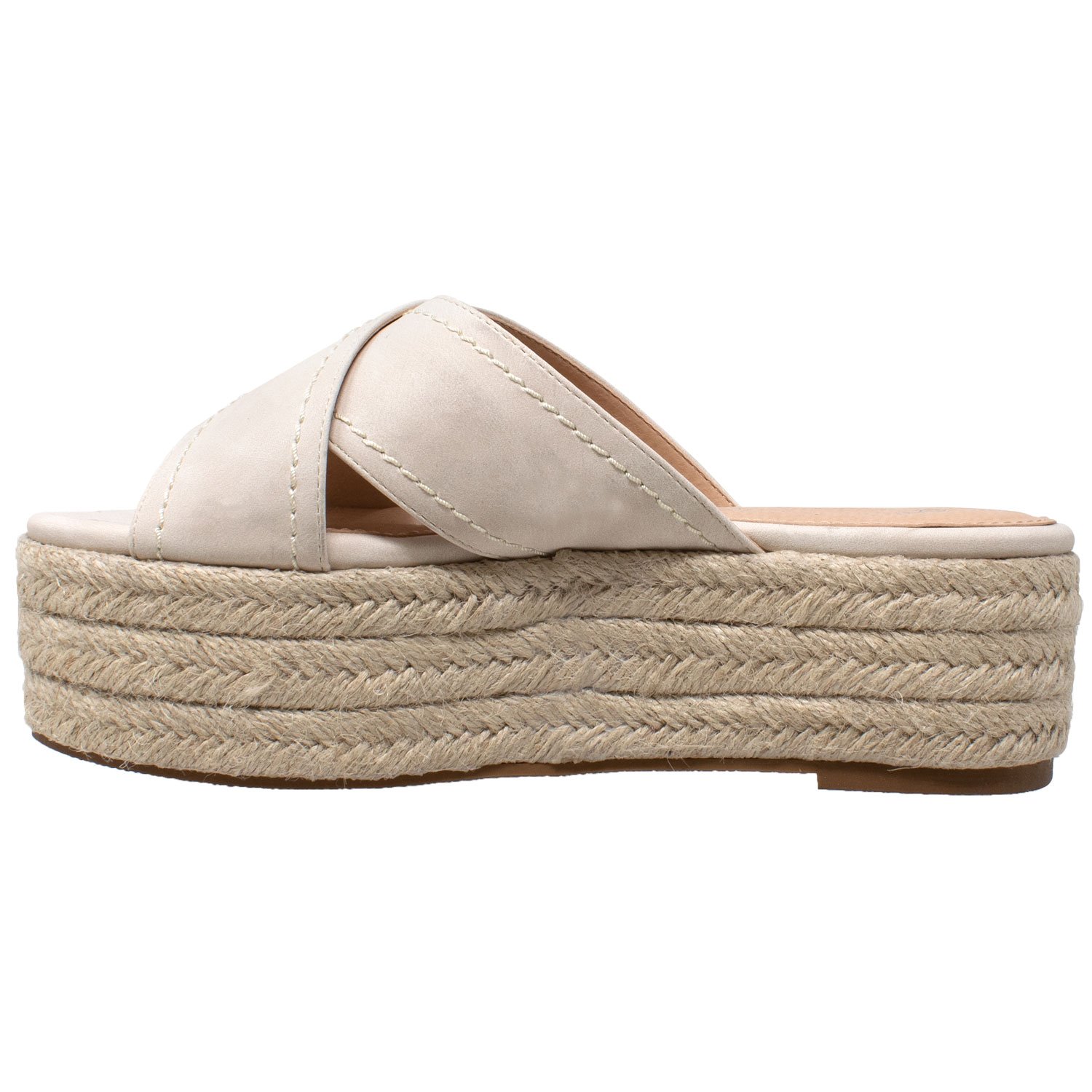 Flatform Espadrille Wedge Sandal featuring criss-cross nubuck leather straps and braided jute platform, available in multiple colors.