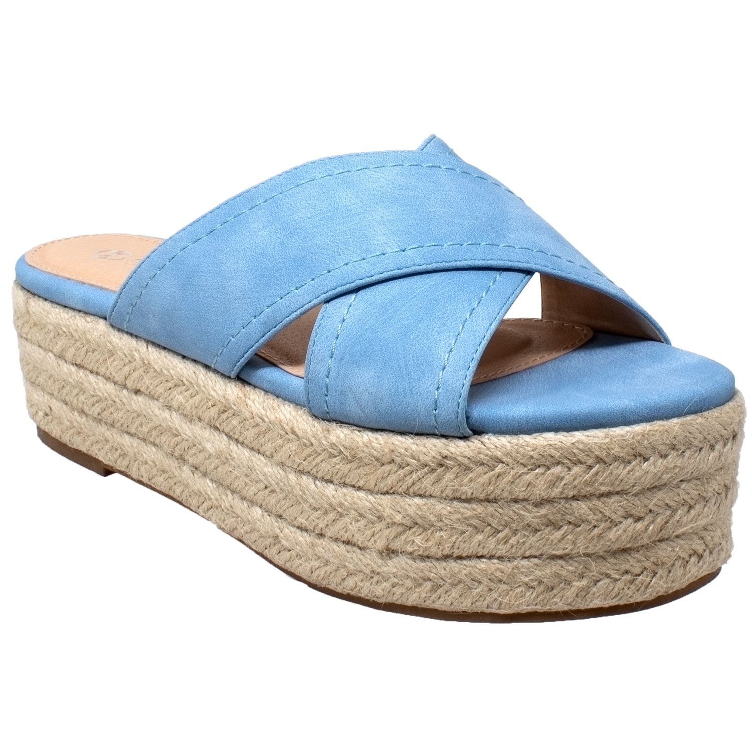 Flatform Espadrille Wedge Sandal featuring criss-cross nubuck leather straps and braided jute platform, available in multiple colors.