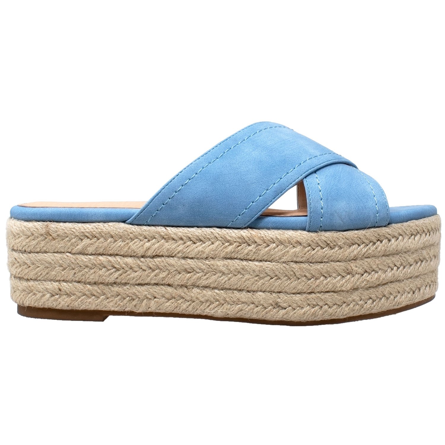 Flatform Espadrille Wedge Sandal featuring criss-cross nubuck leather straps and braided jute platform, available in multiple colors.