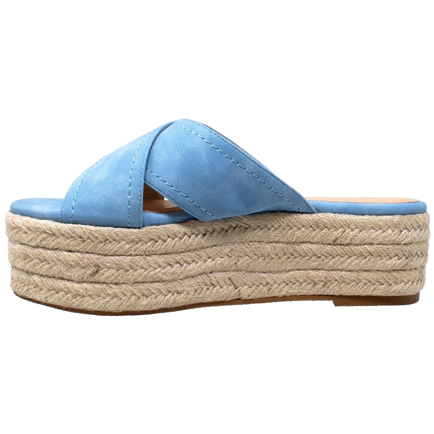 Flatform Espadrille Wedge Sandal featuring criss-cross nubuck leather straps and braided jute platform, available in multiple colors.