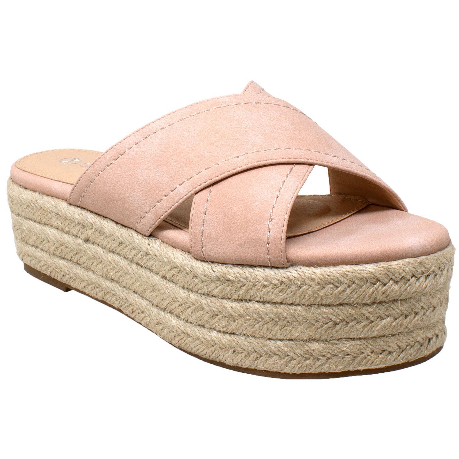 Flatform Espadrille Wedge Sandal featuring criss-cross nubuck leather straps and a braided jute platform, available in multiple colors.