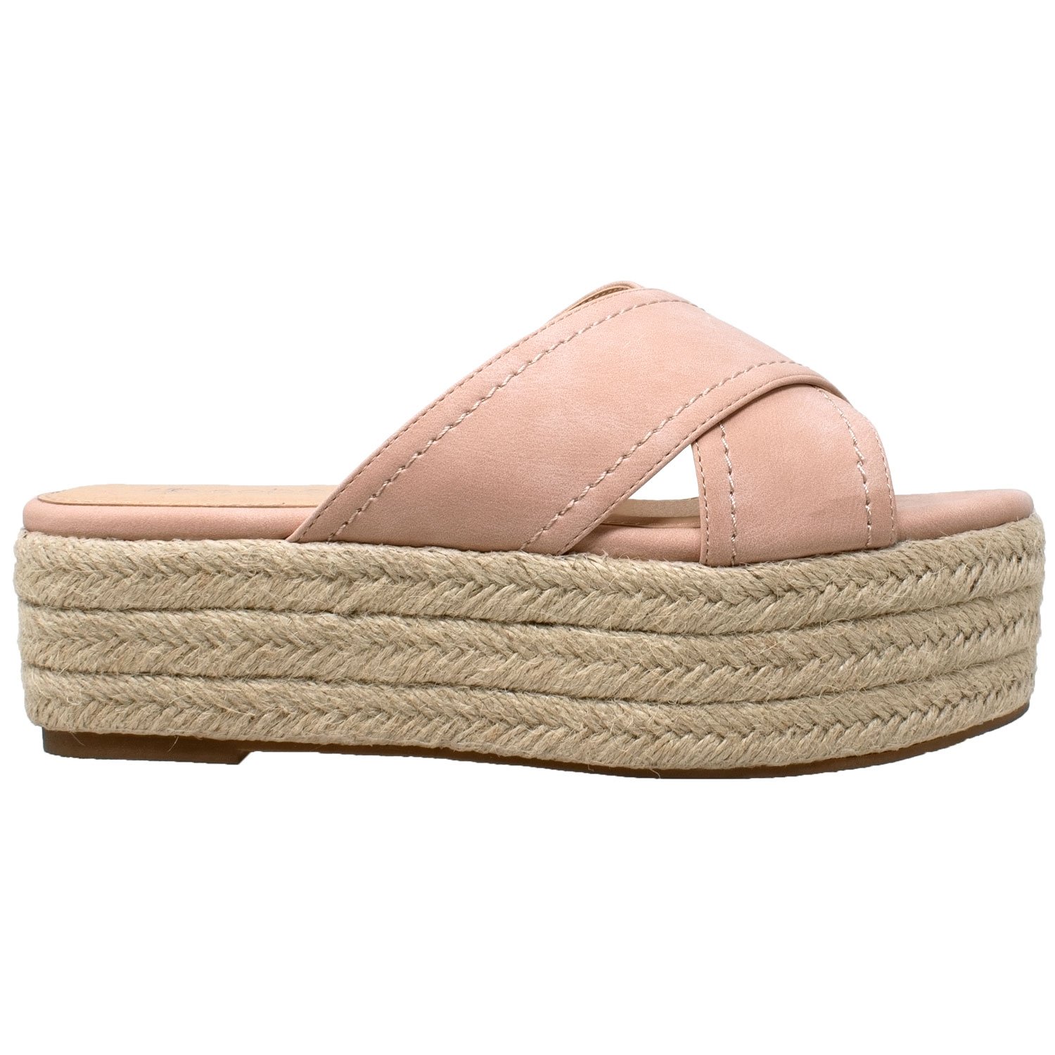 Flatform Espadrille Wedge Sandal featuring criss-cross nubuck leather straps and a braided jute platform, available in multiple colors.