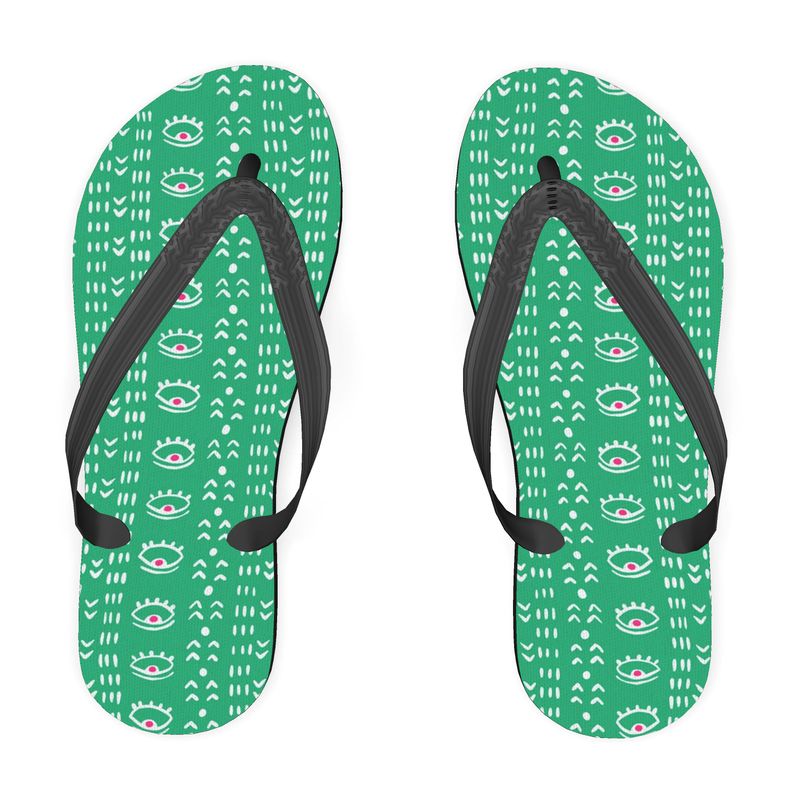 A pair of stylish Green-Eyed Women's Flip Flops with a vibrant design, perfect for summer outings.