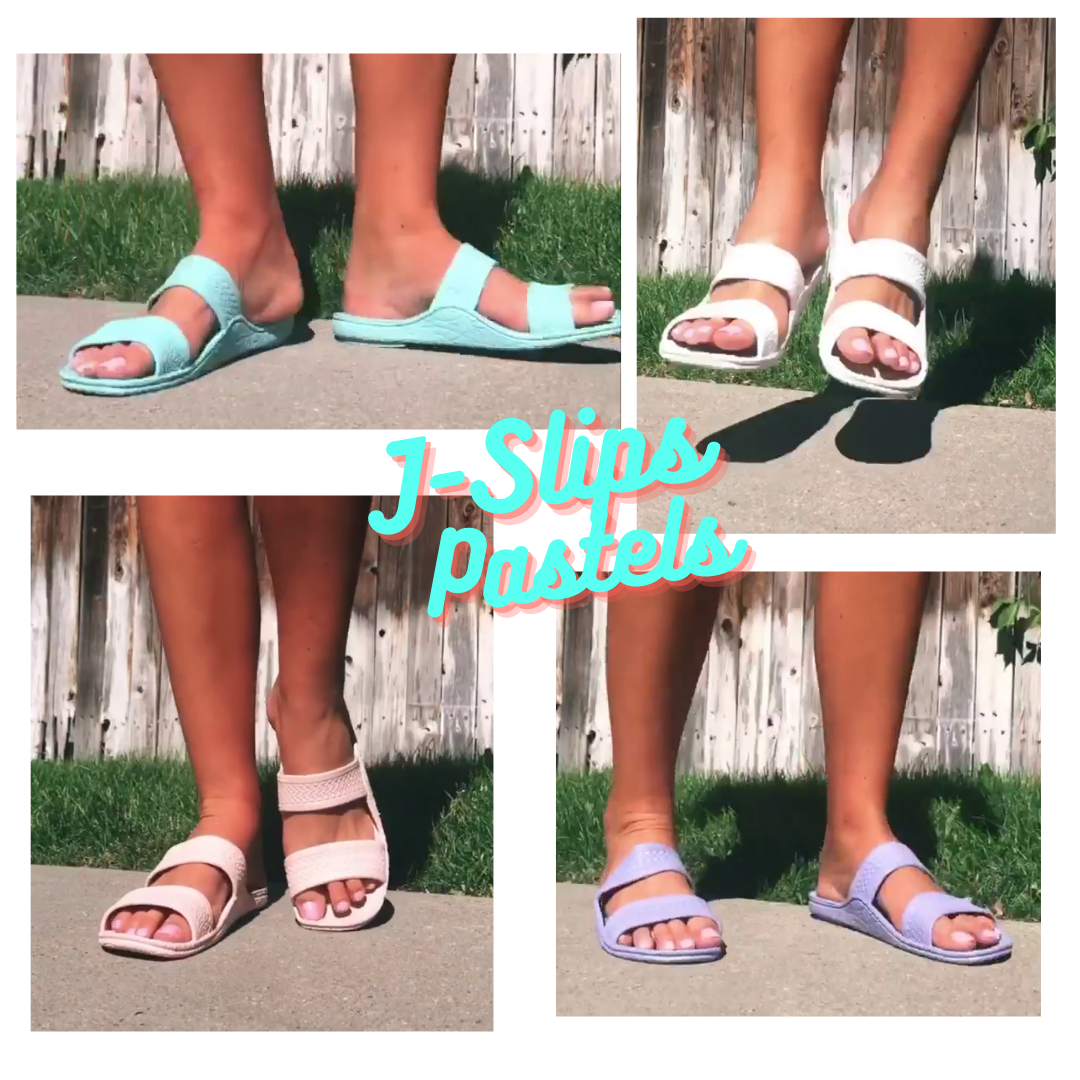 Kid's and Women's Pastel J-Slips Hawaiian Jesus Sandals in vibrant pastel colors including Pink Plumeria, Seashell White, Ocean Blue, Purple Poi, and Yellow Pineapple.