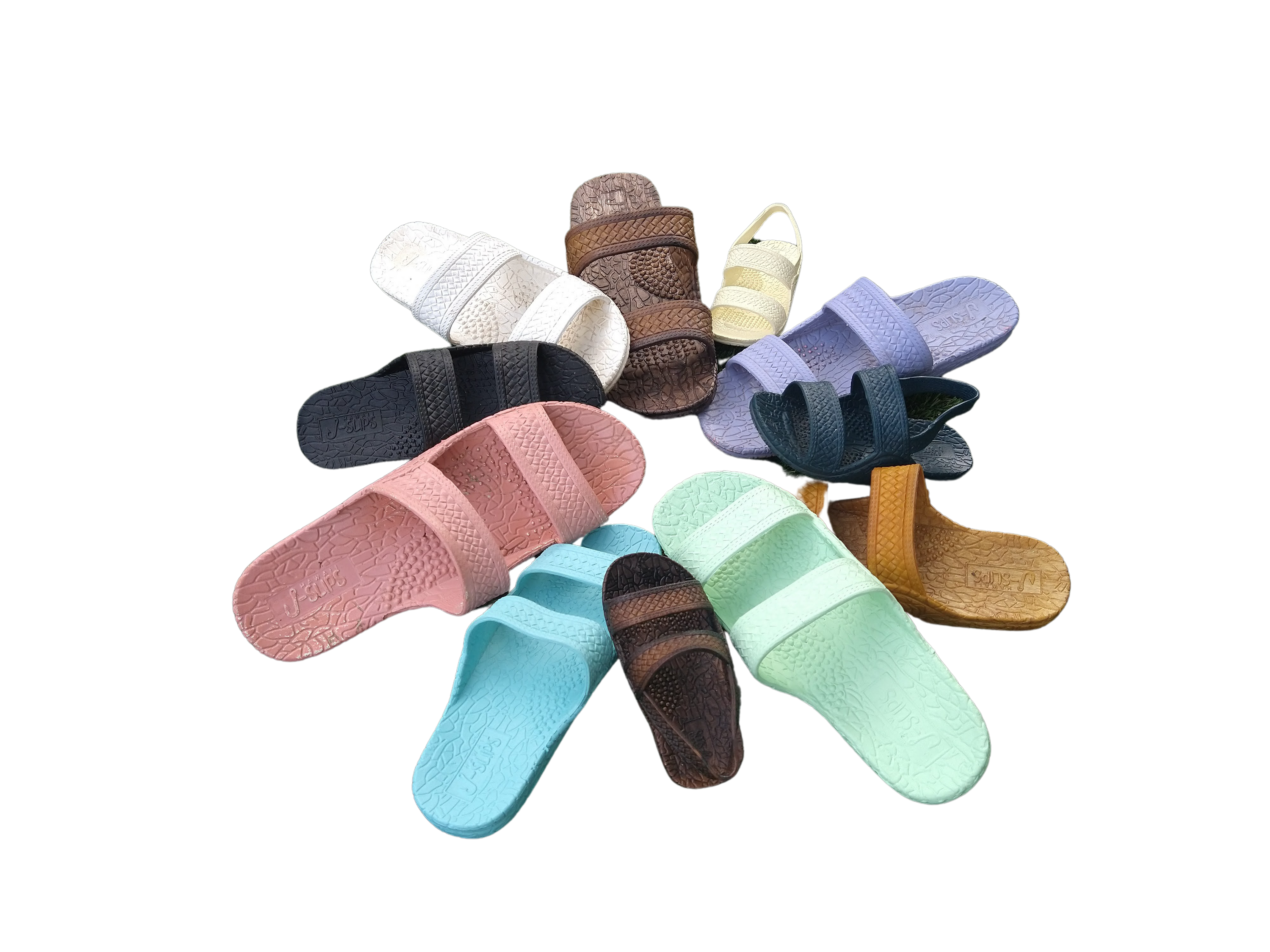 Kid's and Women's Pastel J-Slips Hawaiian Jesus Sandals in vibrant pastel colors including Pink Plumeria, Seashell White, Ocean Blue, Purple Poi, and Yellow Pineapple.