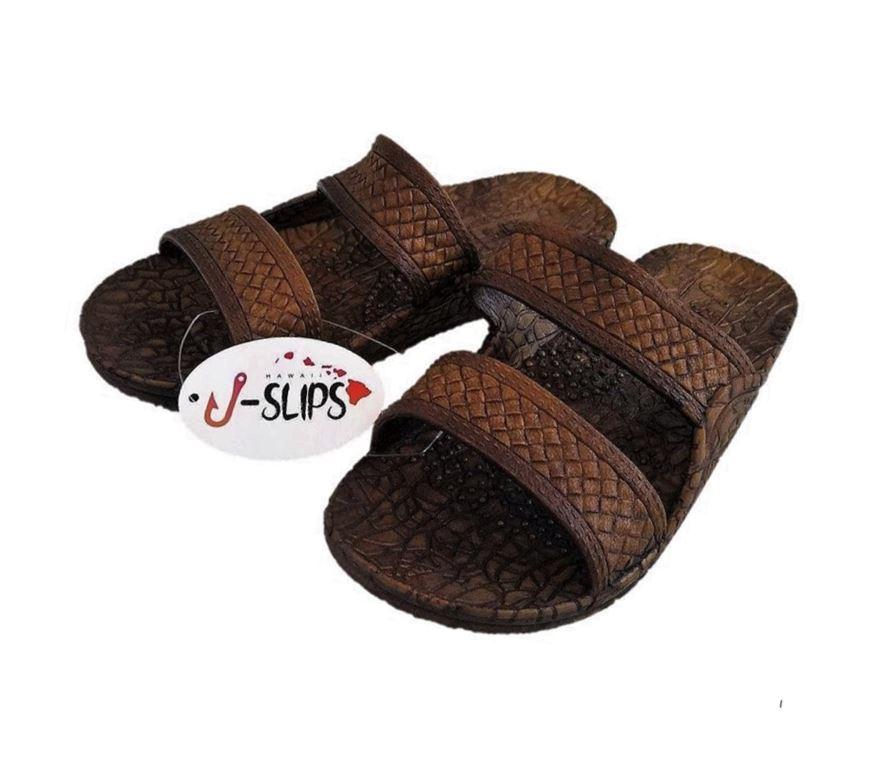 Kona J-Slips Jandals in dark brown color with weave pattern straps, showcasing their stylish design and comfortable air pocket footbed.