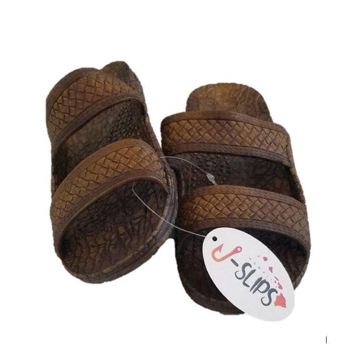 Kona J-Slips Jandals in dark brown color with weave pattern straps, showcasing their stylish design and comfortable air pocket footbed.