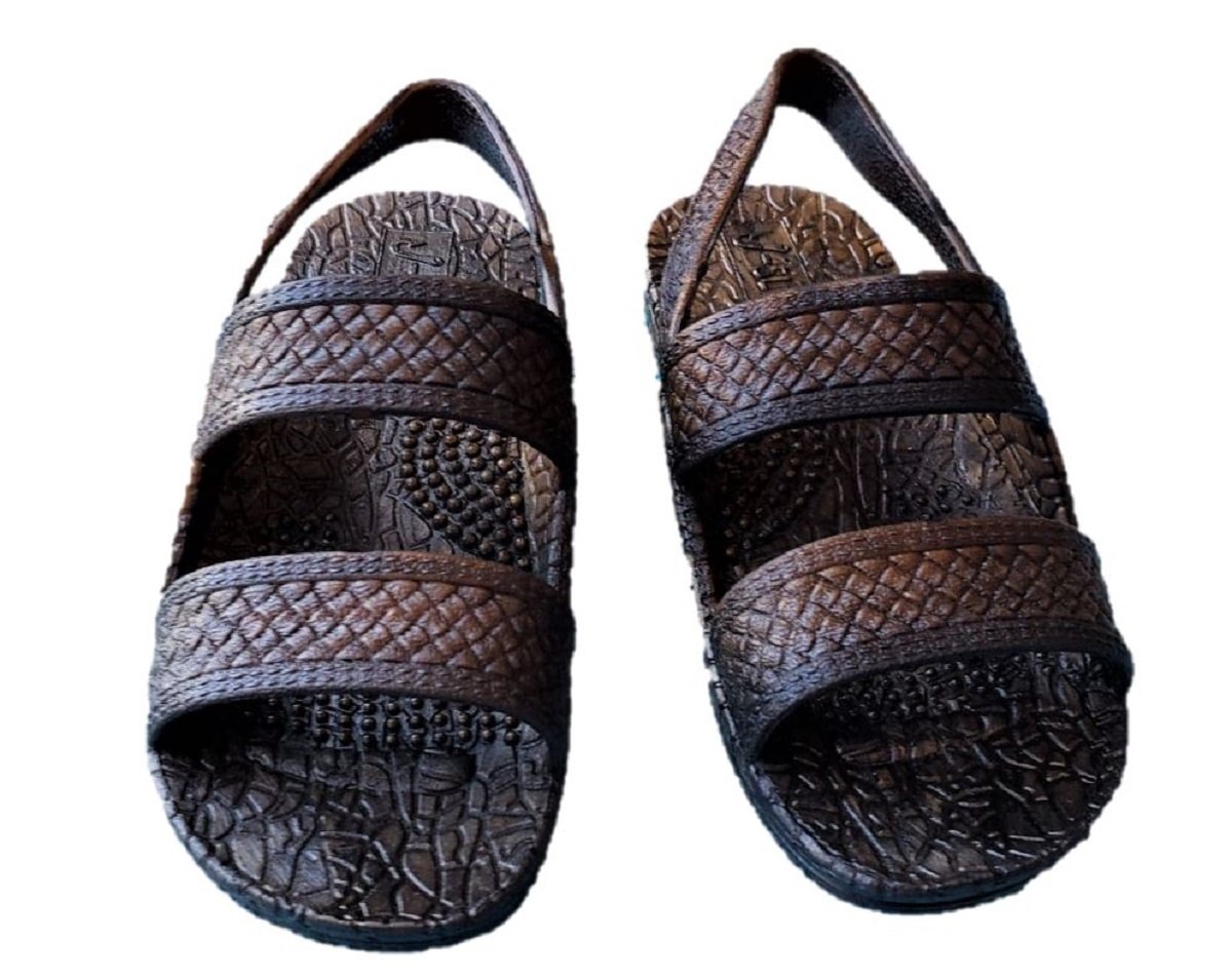 Kona J-Slips Jandals in dark brown color with weave pattern straps, showcasing their stylish design and comfortable air pocket footbed.