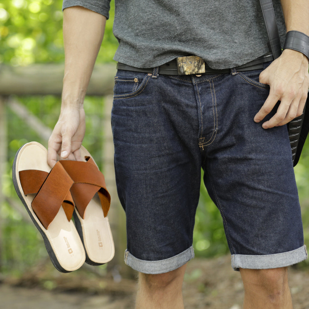 Men's Criss Cross Leather Sandal made from cognac leather with repurposed soles, featuring stylish criss cross straps.