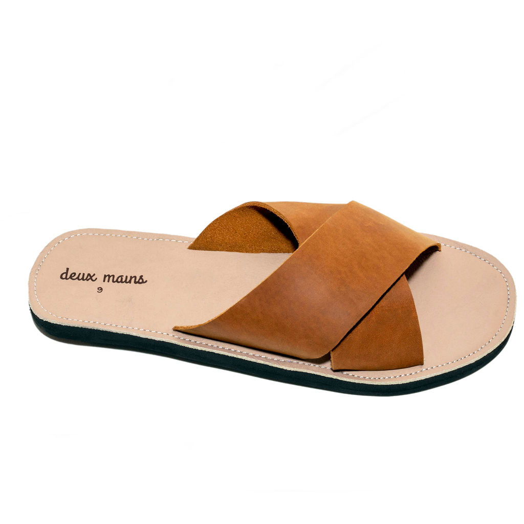 Men's Criss Cross Leather Sandal made from cognac leather with repurposed soles, featuring stylish criss cross straps.