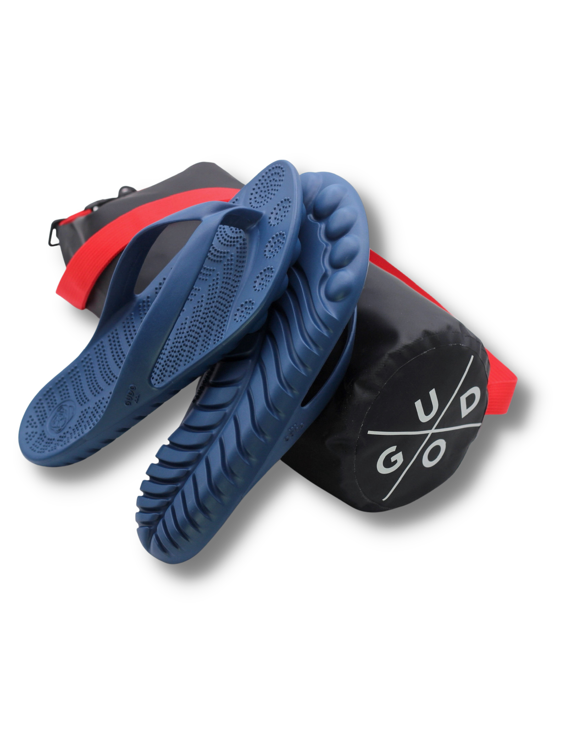 GUDO Navy Blue Flip-Flops displayed with a waterproof mini drybag, showcasing their stylish design and eco-friendly materials.