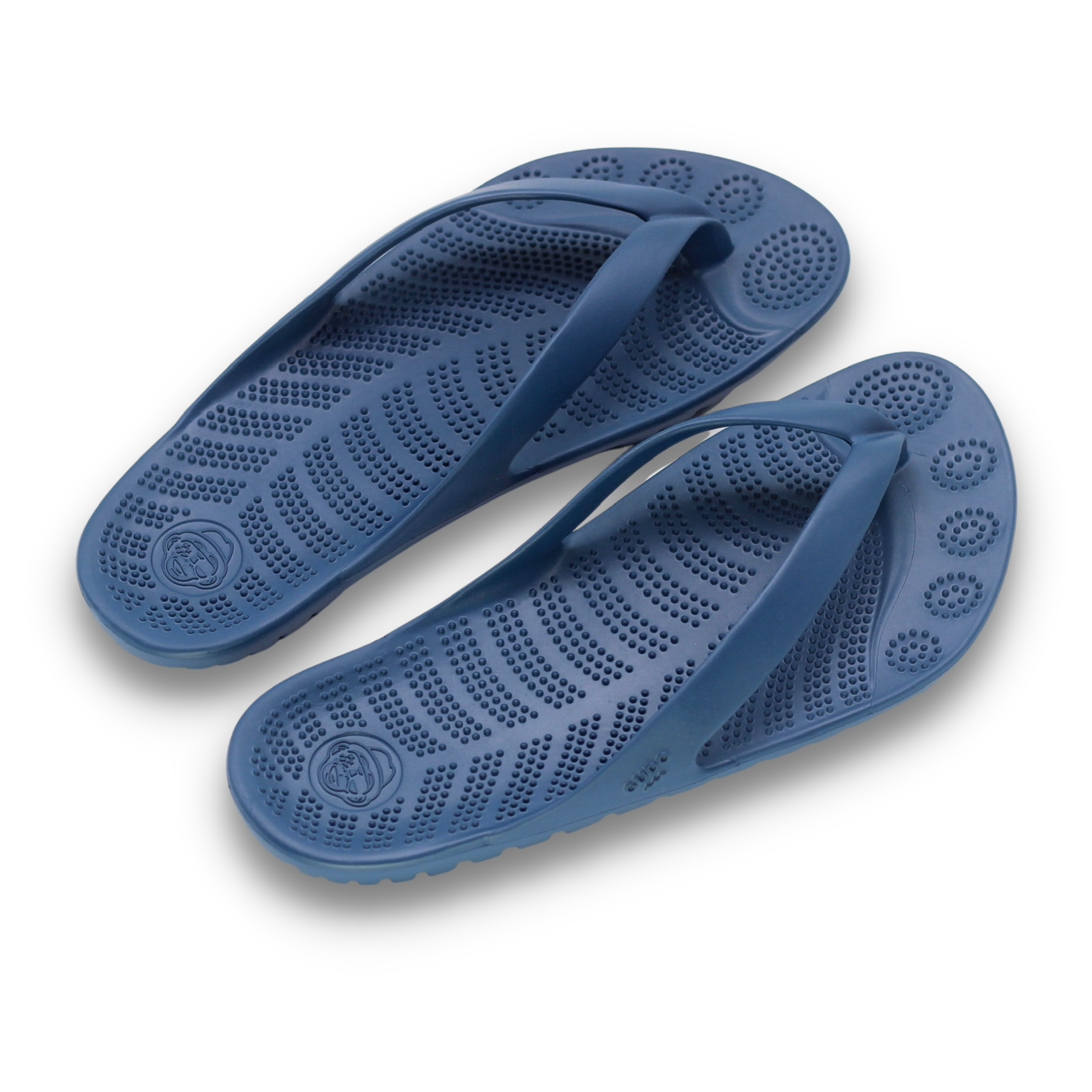 GUDO Navy Blue Flip-Flops displayed with a waterproof mini drybag, showcasing their stylish design and eco-friendly materials.