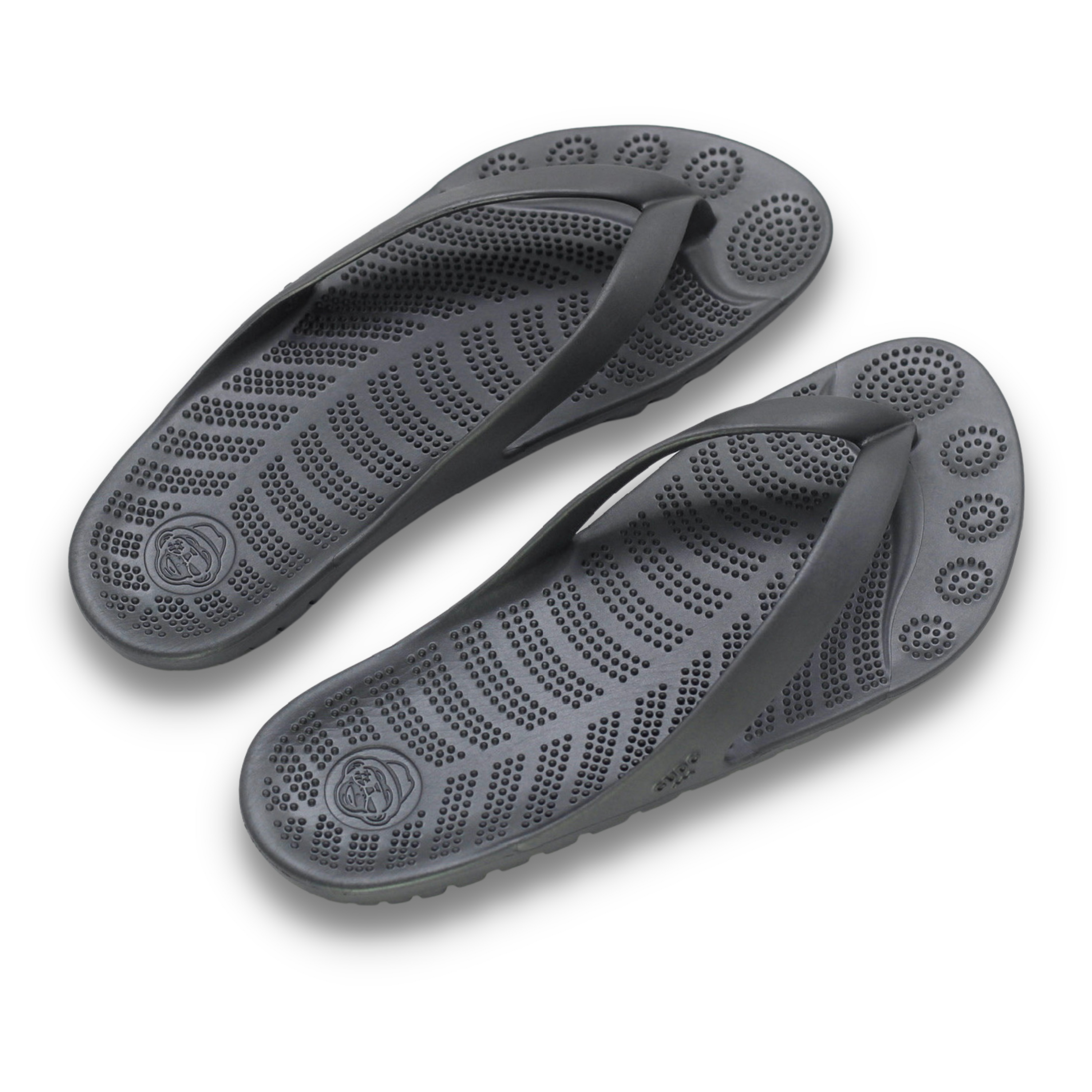 GUDO Night Platinum Flip-Flops displayed with a waterproof mini drybag, showcasing their minimalist design and eco-friendly materials.