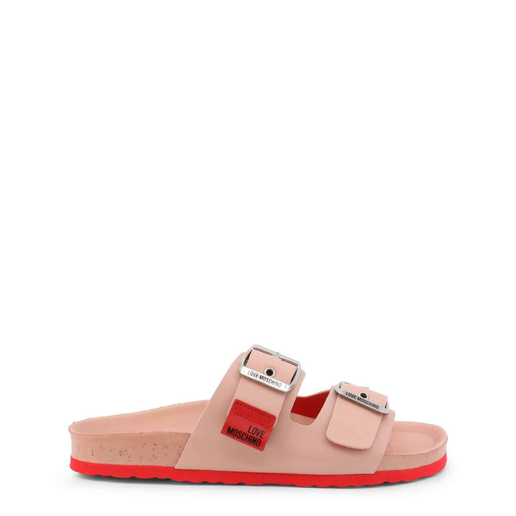 Love Moschino pink slide sandals with a stylish buckle, featuring a leather upper and rubber sole.