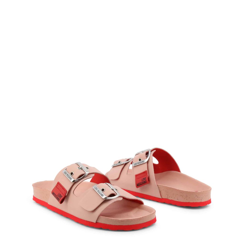 Love Moschino pink slide sandals with a stylish buckle, featuring a leather upper and rubber sole.