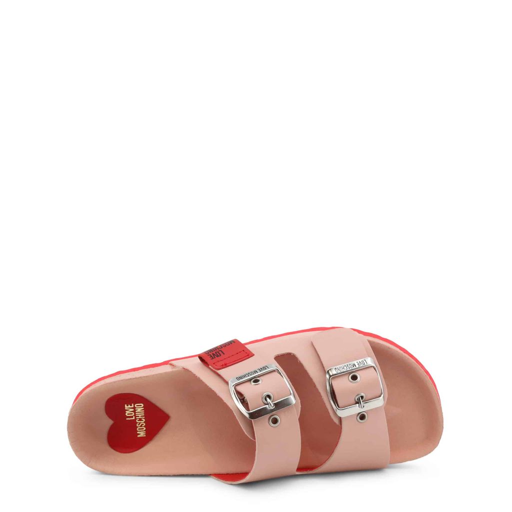 Love Moschino pink slide sandals with a stylish buckle, featuring a leather upper and rubber sole.