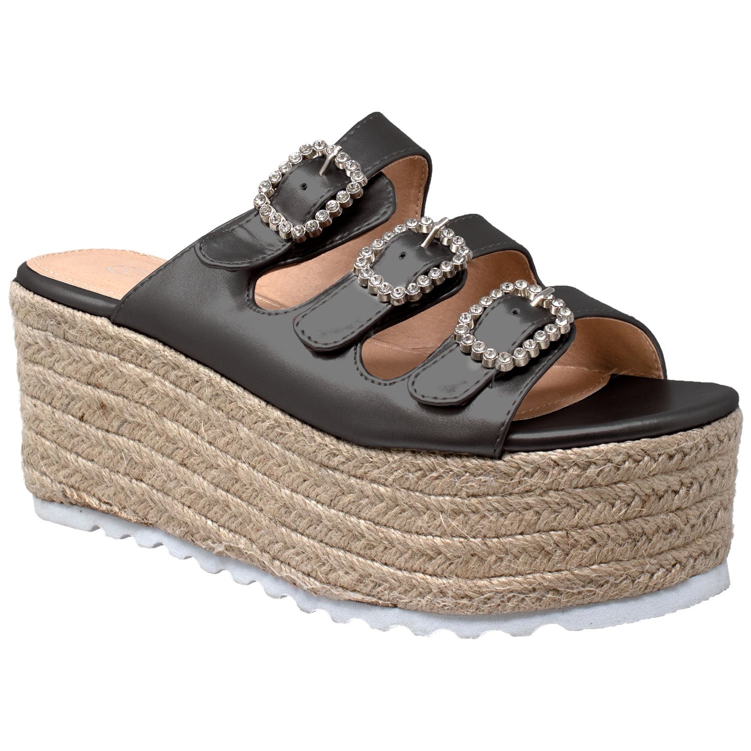 Rhinestone Platform Espadrille Wedge Sandal featuring shiny crystals and braided jute platform, available in multiple colors.