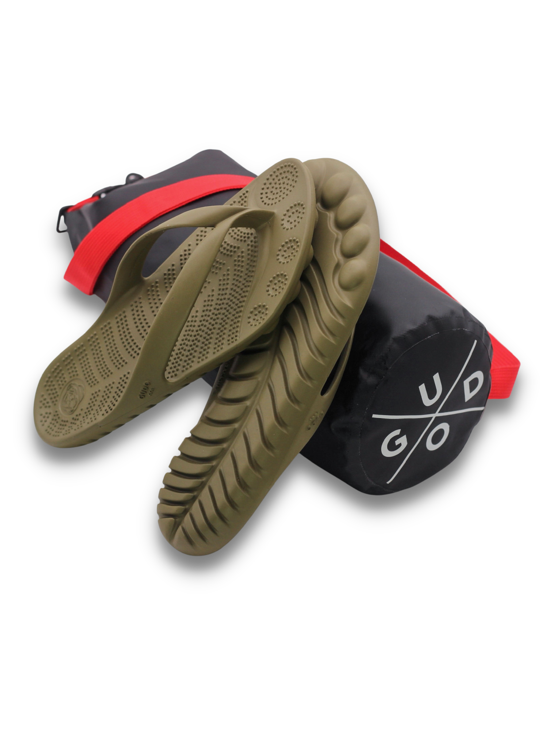 Seaweed Green Flip-Flops with a waterproof mini drybag, showcasing a minimalist design and eco-friendly materials.