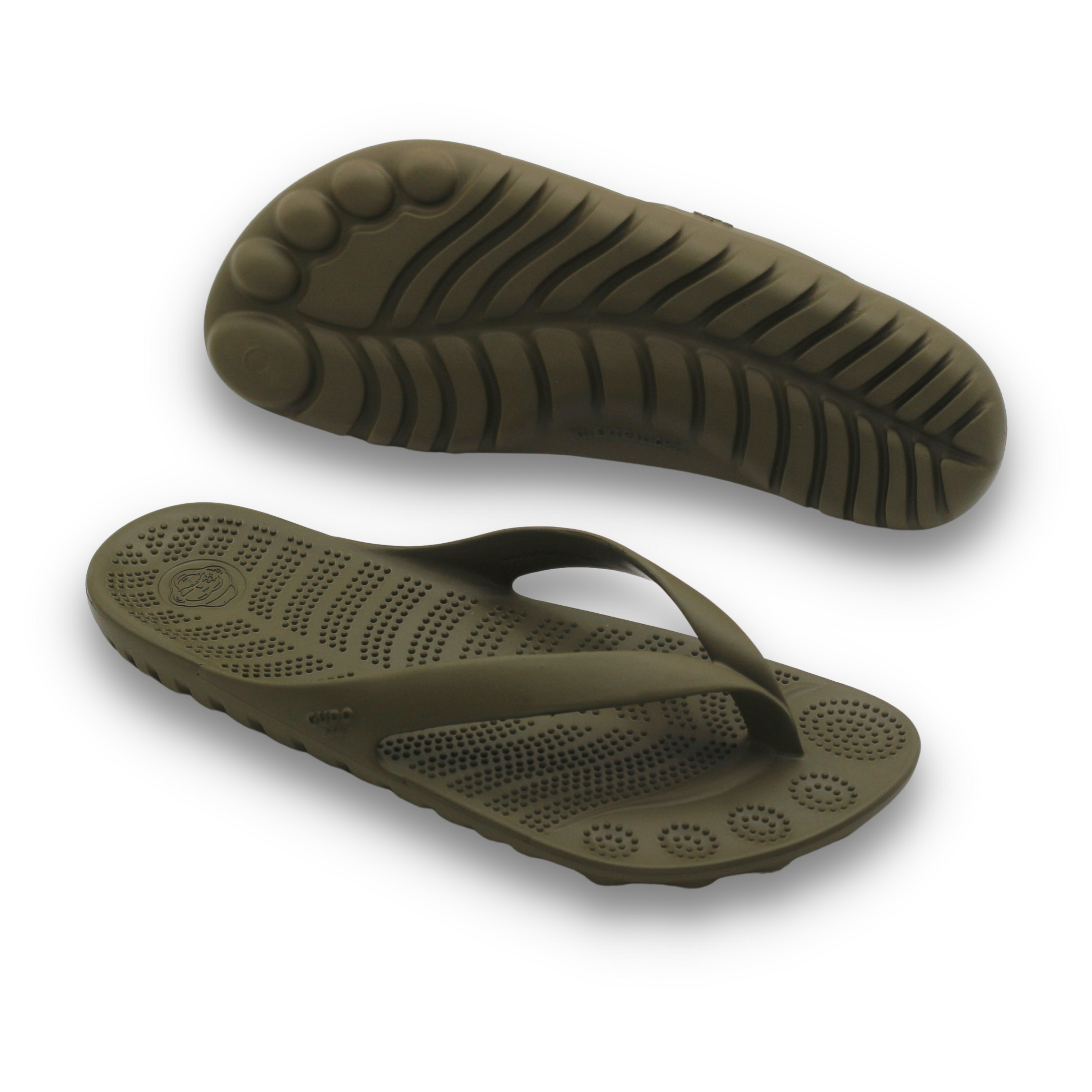 Seaweed Green Flip-Flops with a waterproof mini drybag, showcasing a minimalist design and eco-friendly materials.