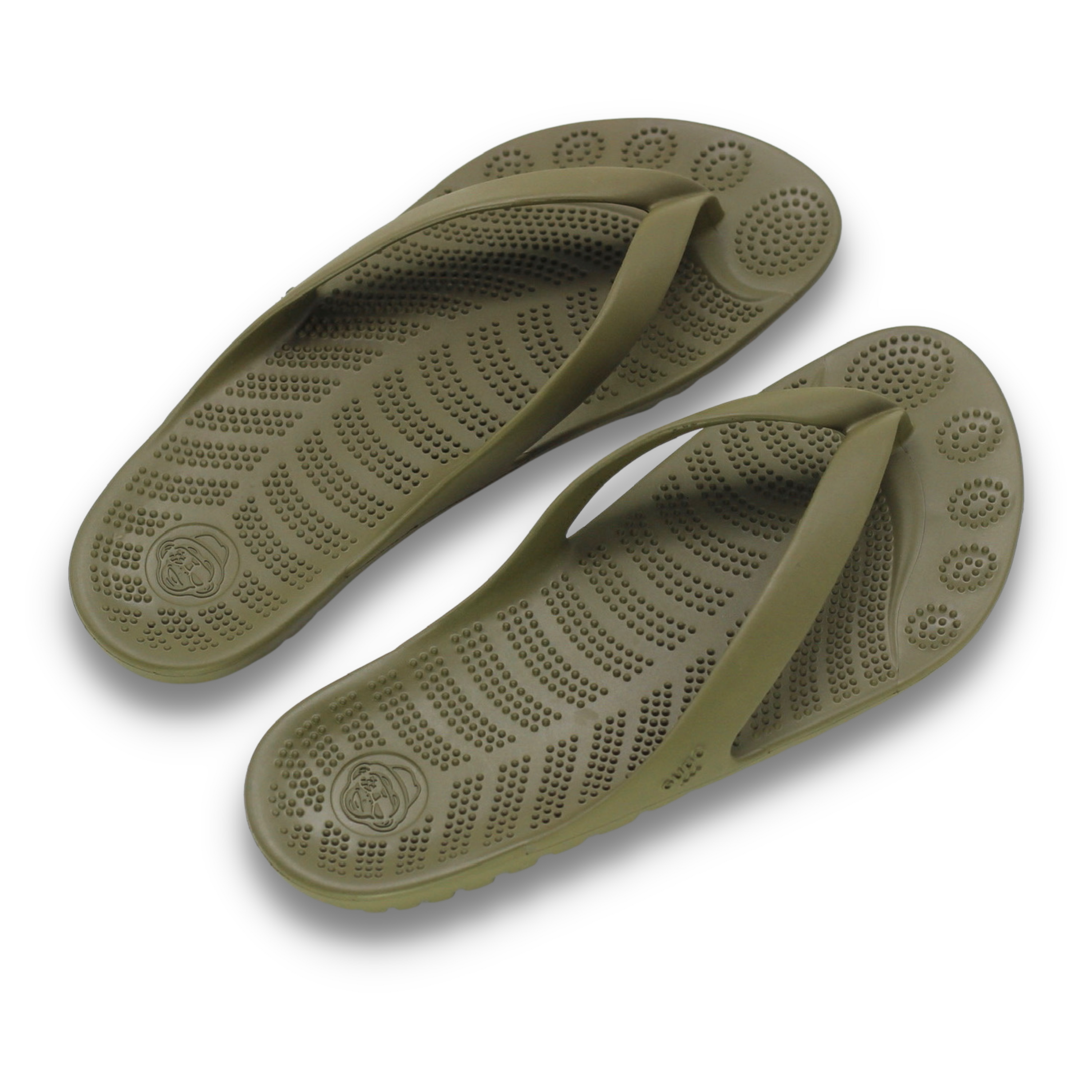 Seaweed Green Flip-Flops with a waterproof mini drybag, showcasing a minimalist design and eco-friendly materials.