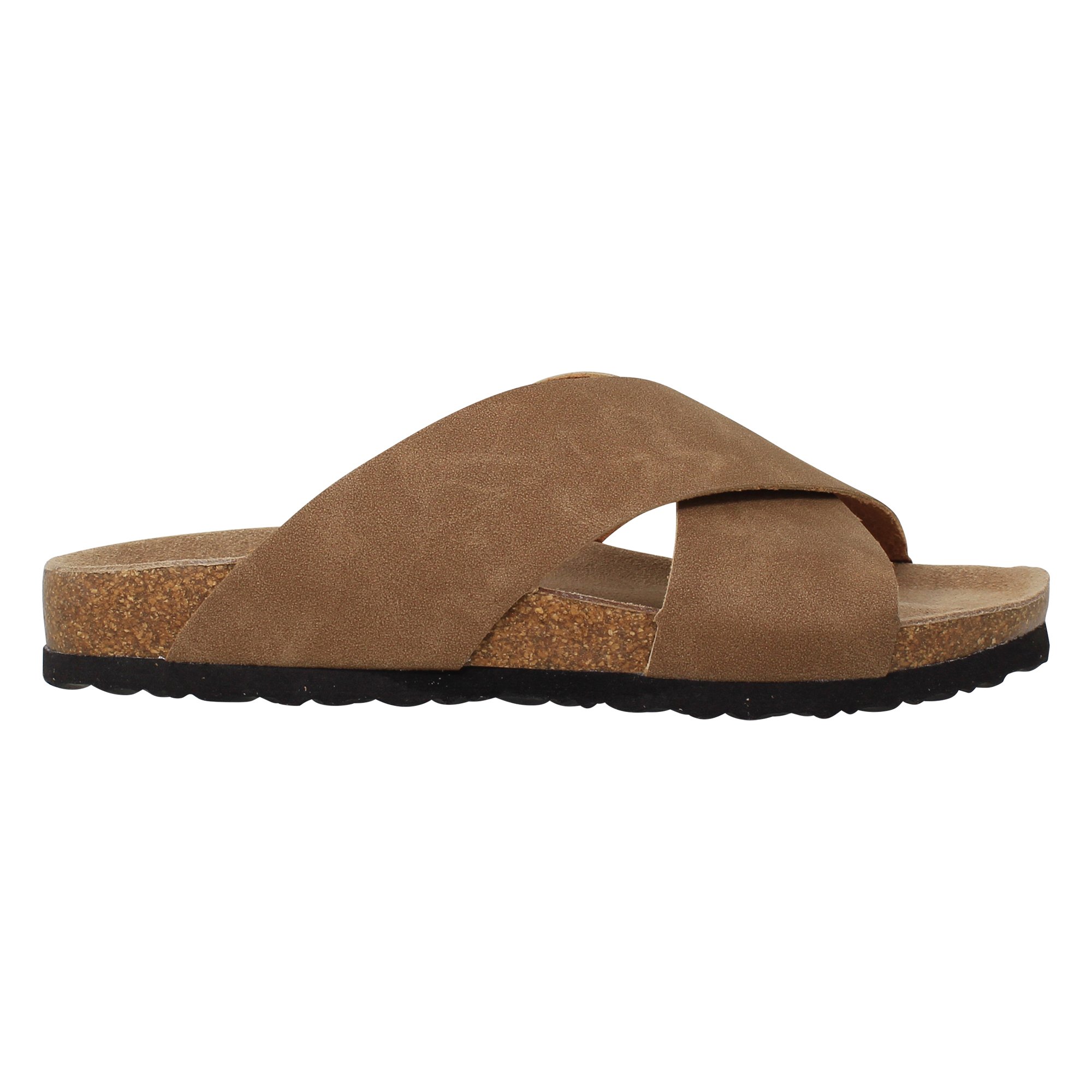 SOBEYO Classic Cork Sandals in Tan with criss-cross straps, showcasing soft vegan leather and cushioned outsole for comfort.