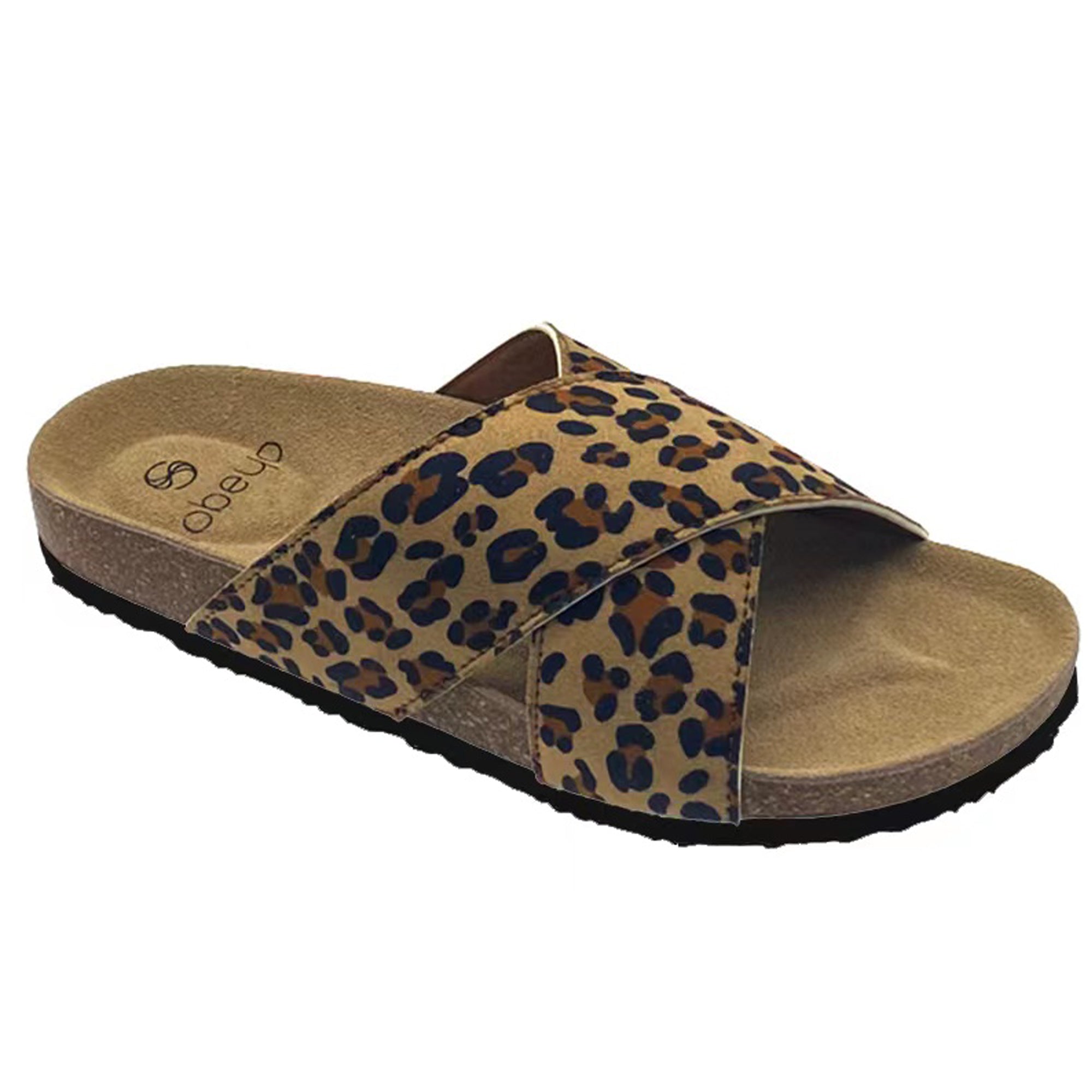 Women's Classic Criss-Cross Comfort Sandals in Cork Leopard featuring soft vegan leather and anti-slip EVA sole.