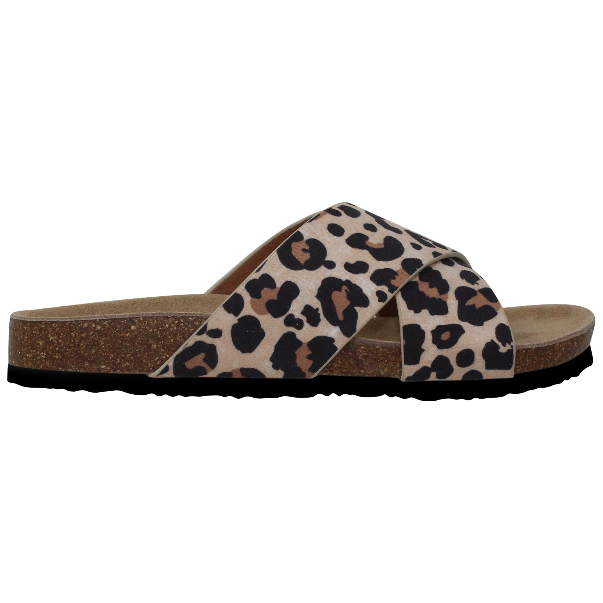 Women's Classic Criss-Cross Comfort Sandals in Cork Leopard featuring soft vegan leather and anti-slip EVA sole.