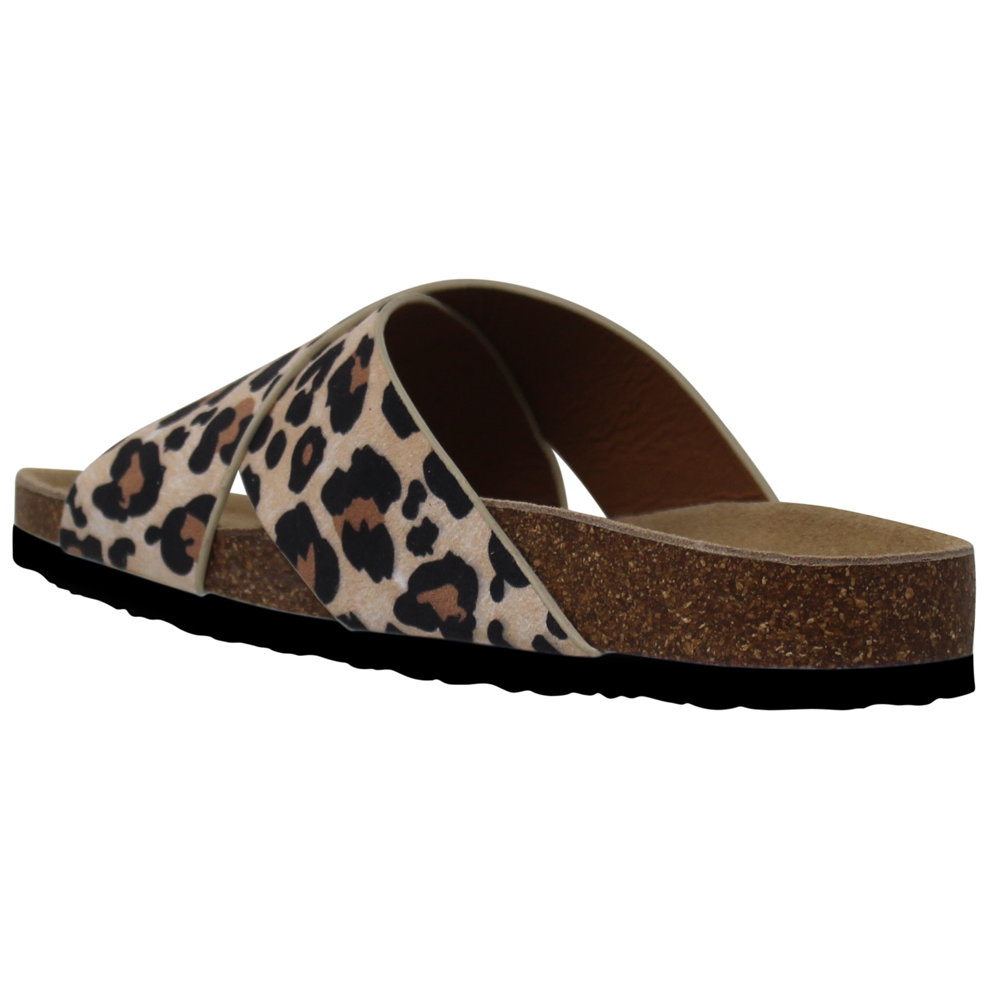 Women's Classic Criss-Cross Comfort Sandals in Cork Leopard featuring soft vegan leather and anti-slip EVA sole.