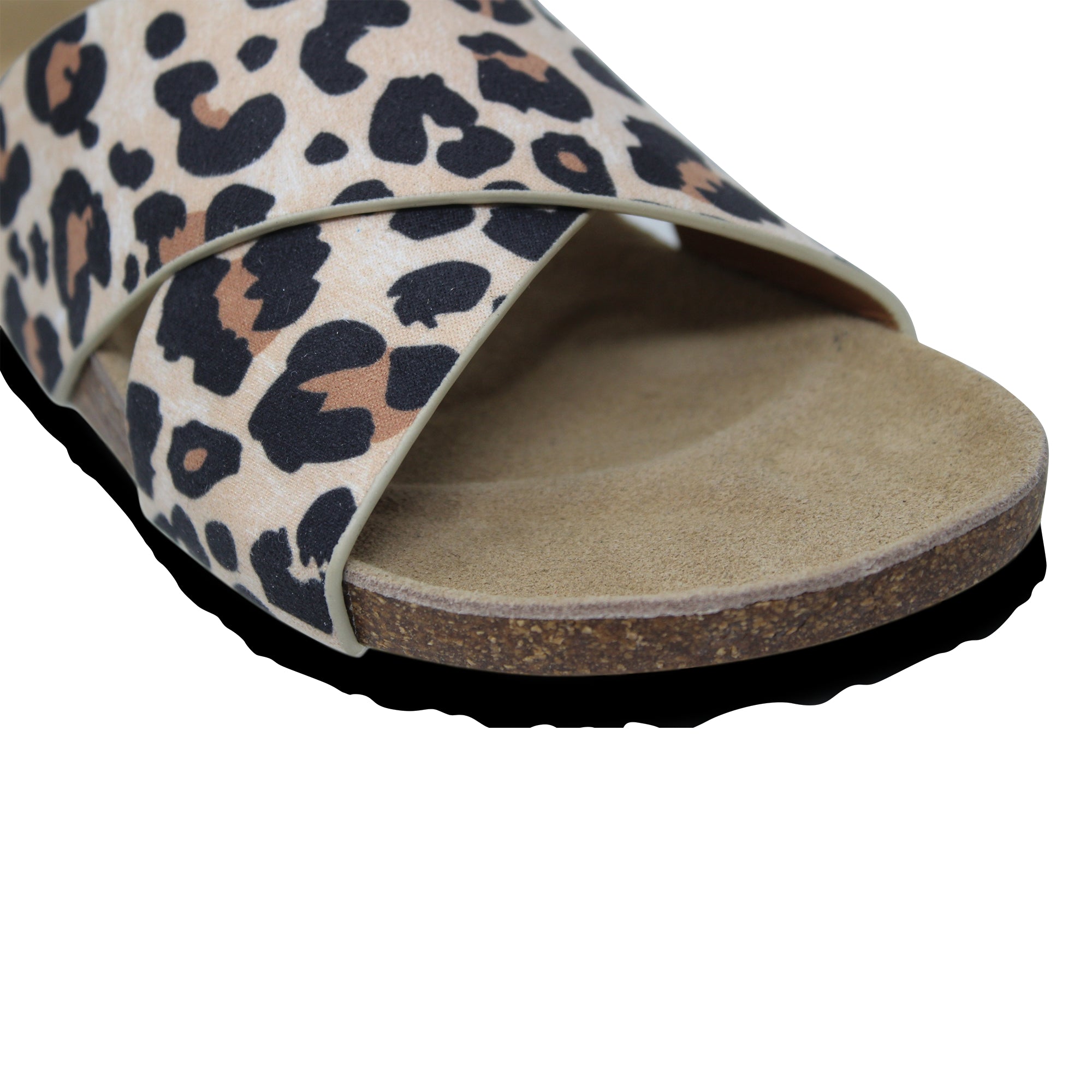 Women's Classic Criss-Cross Comfort Sandals in Cork Leopard featuring soft vegan leather and anti-slip EVA sole.