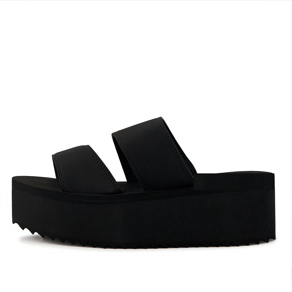 Women's Platform Sandal 2 Band in Black featuring a chunky platform sole and dual strap design, perfect for stylish comfort.