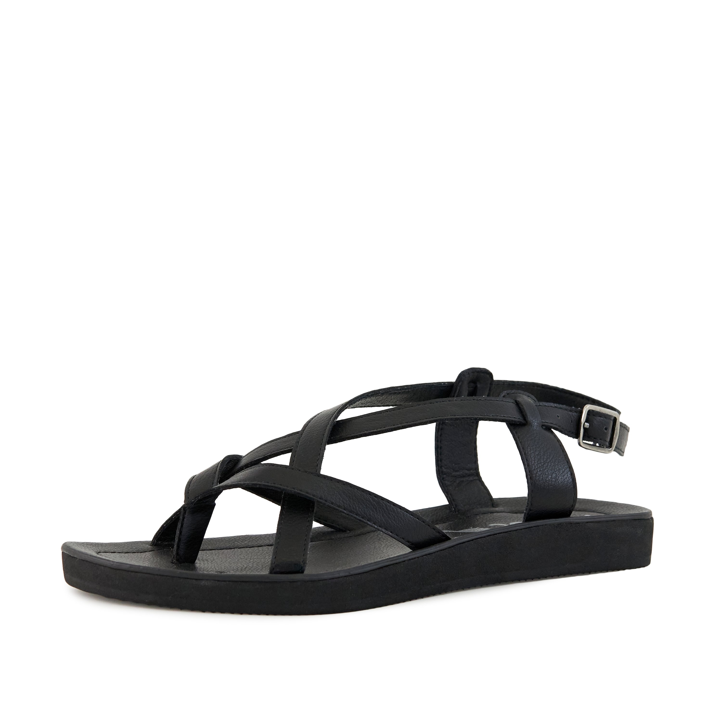 Women's Sandal Bernardo Black featuring criss-cross straps and adjustable metal closure, perfect for summer outfits.