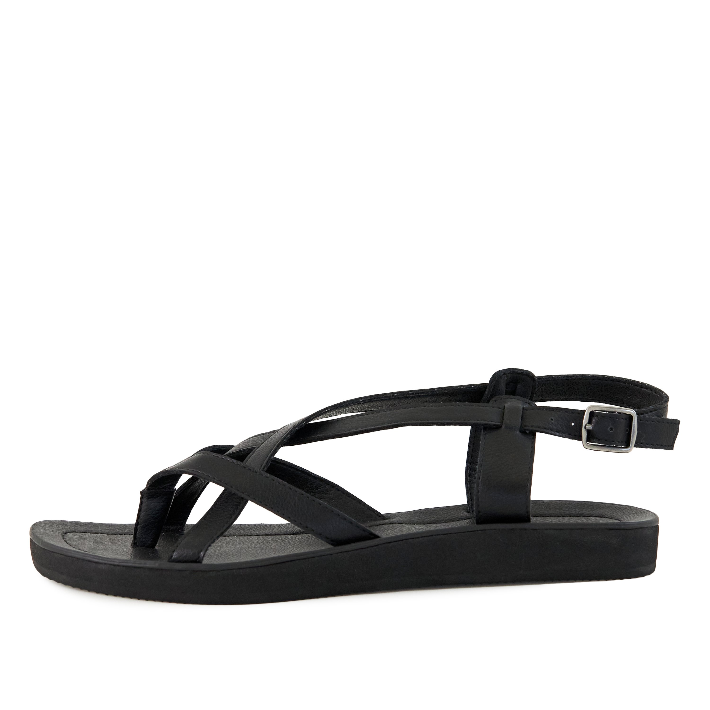 Women's Sandal Bernardo Black featuring criss-cross straps and adjustable metal closure, perfect for summer outfits.