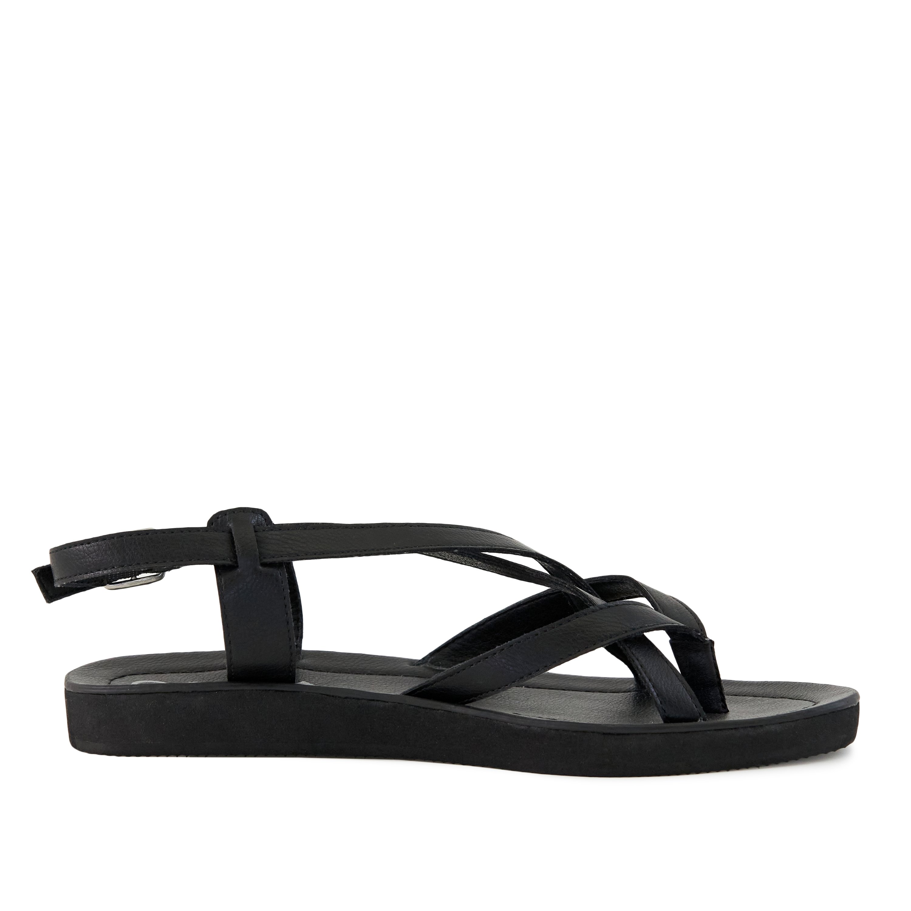 Women's Sandal Bernardo Black featuring criss-cross straps and adjustable metal closure, perfect for summer outfits.