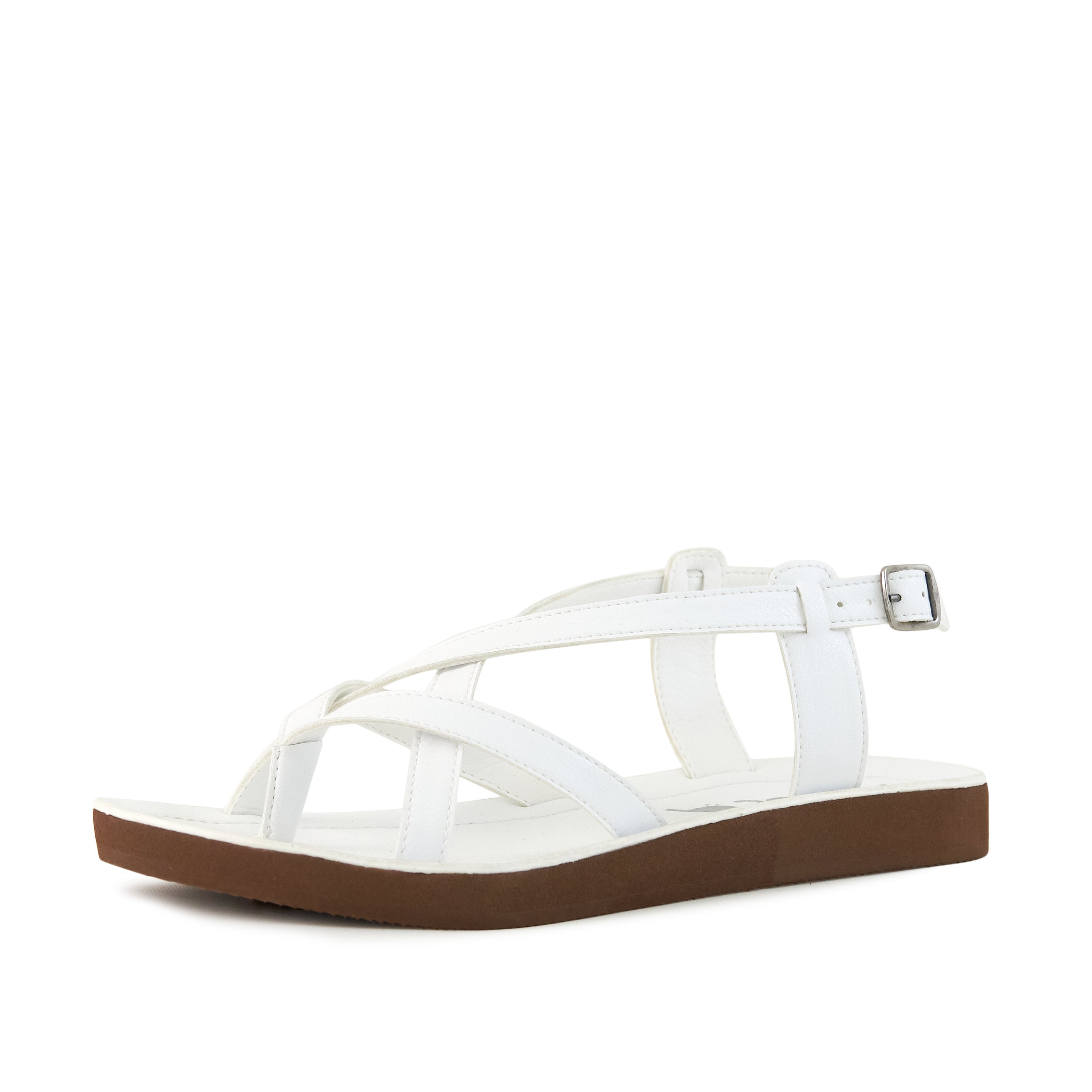 Stylish Women's Sandal Bernardo in white with criss-cross straps and adjustable metal closure, perfect for summer outfits.