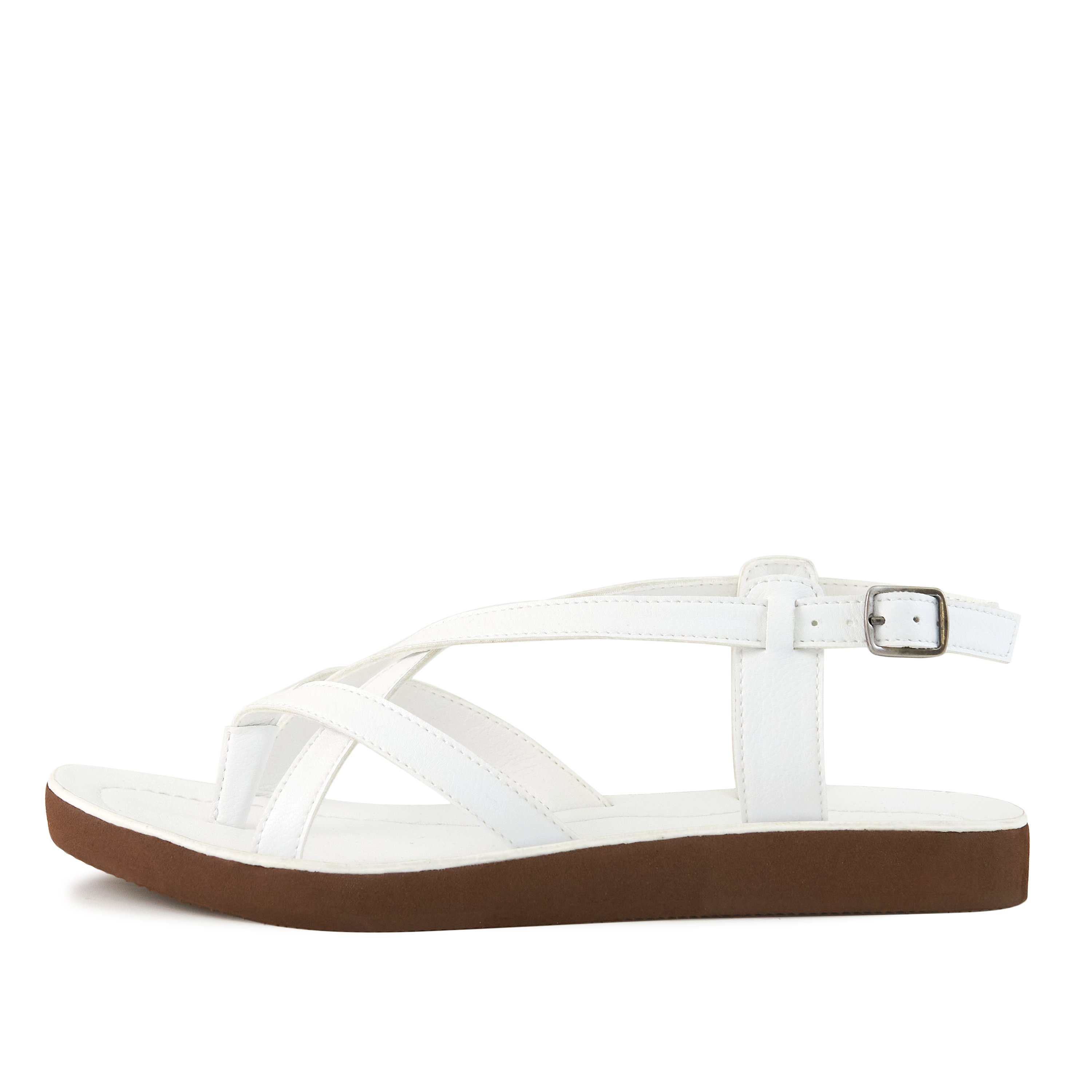 Stylish Women's Sandal Bernardo in white with criss-cross straps and adjustable metal closure, perfect for summer outfits.