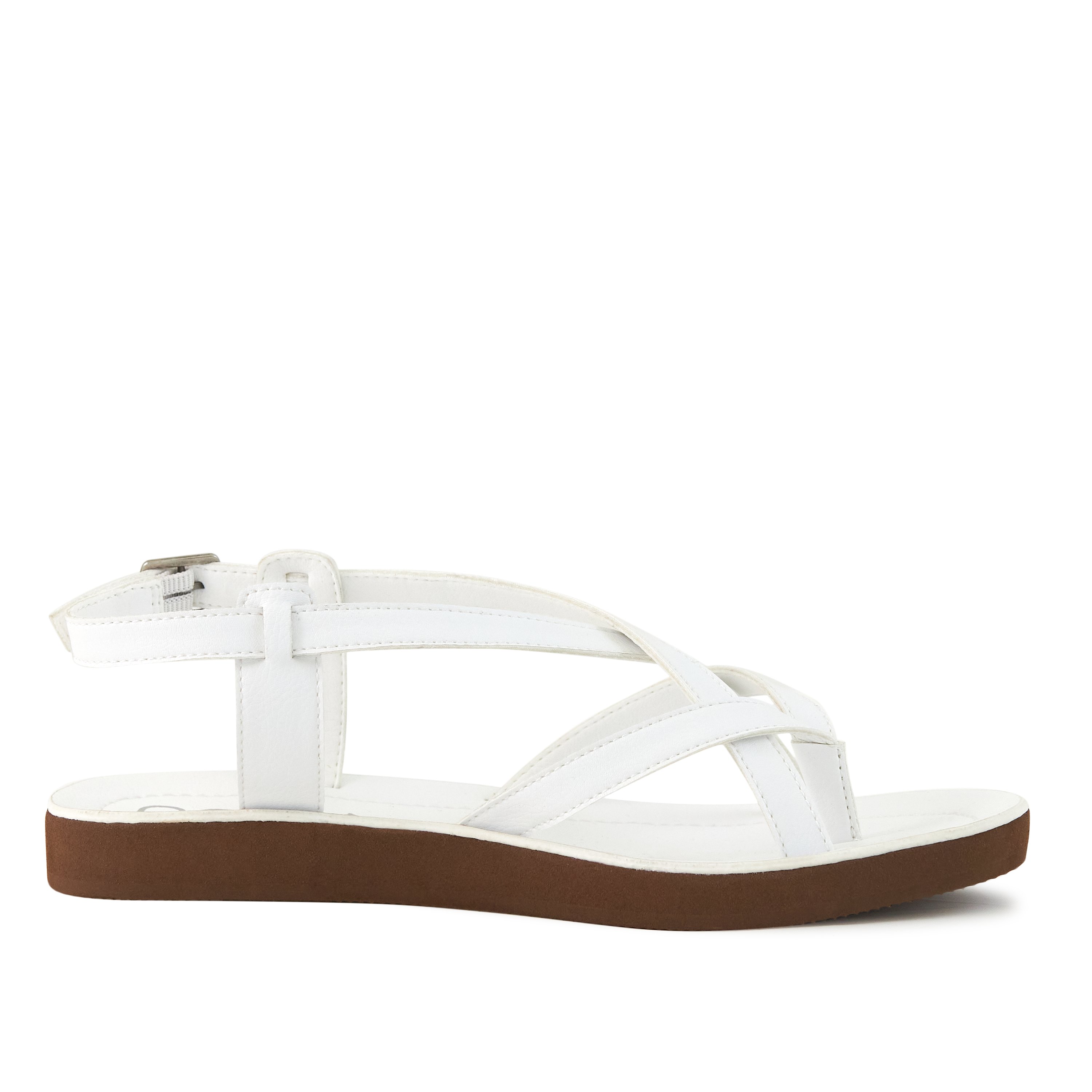 Stylish Women's Sandal Bernardo in white with criss-cross straps and adjustable metal closure, perfect for summer outfits.