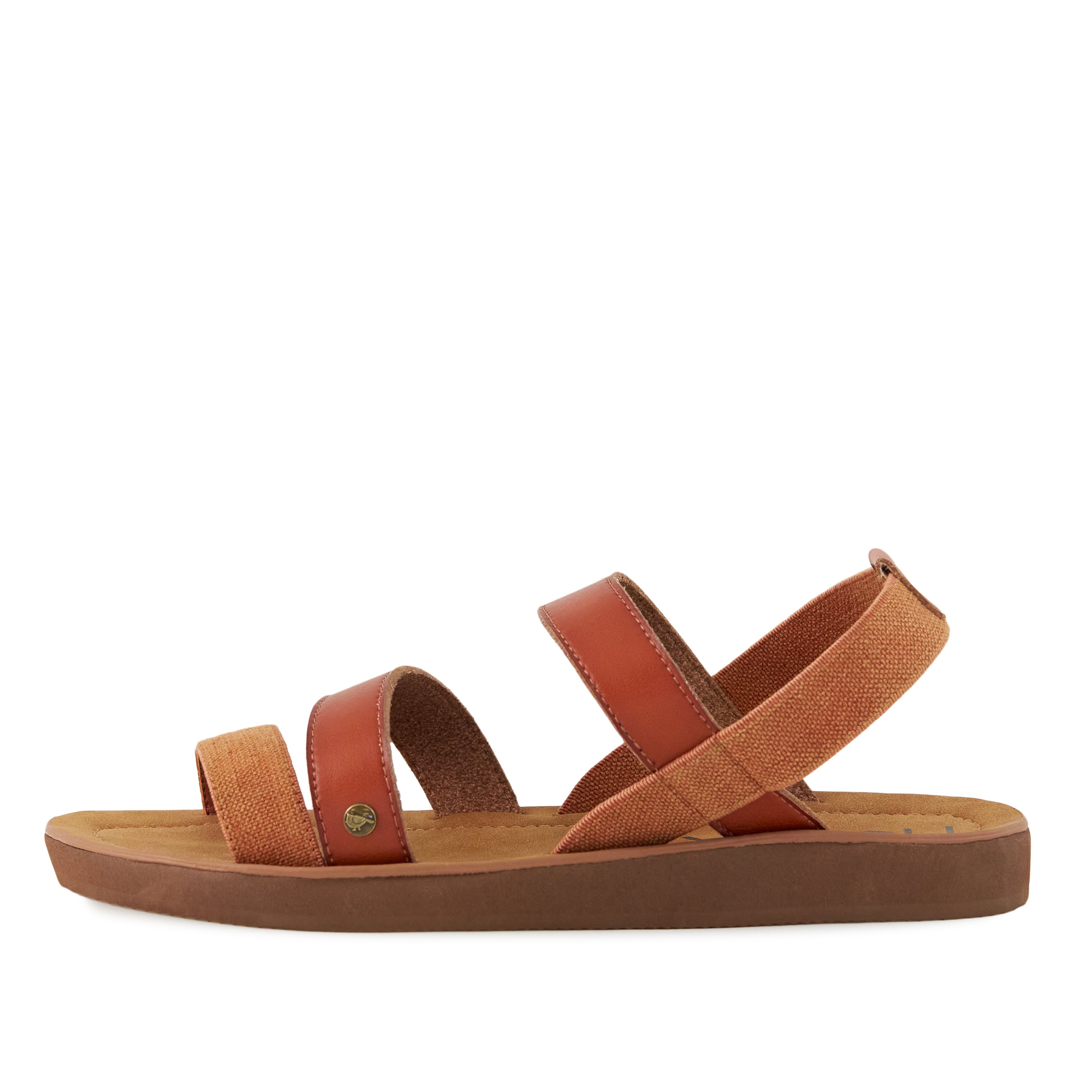 A pair of stylish Women's Sandals in Mystery Brown featuring a 1-inch flatform and stretchy sling back strap, made from faux-leather and canvas material.