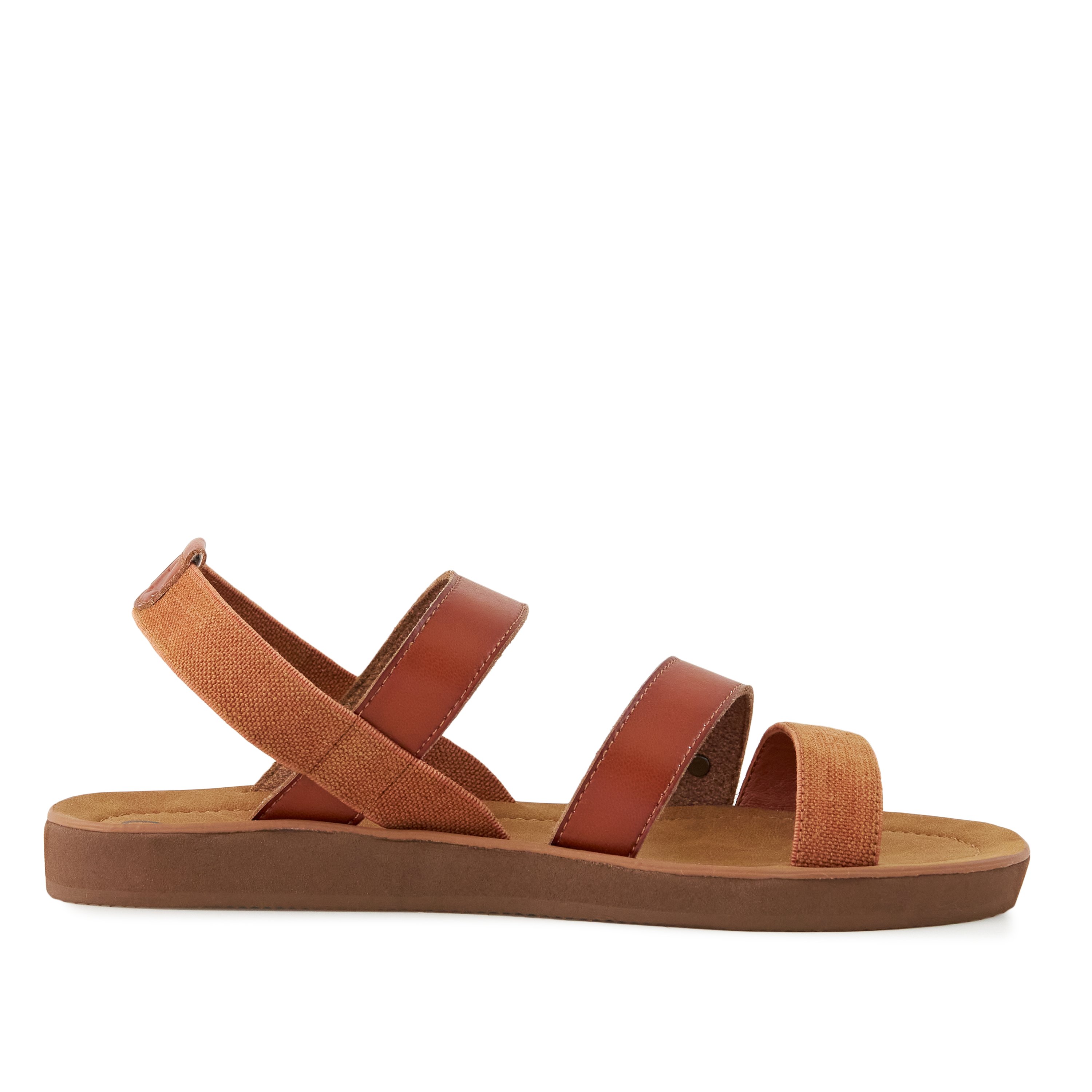 A pair of stylish Women's Sandals in Mystery Brown featuring a 1-inch flatform and stretchy sling back strap, made from faux-leather and canvas material.