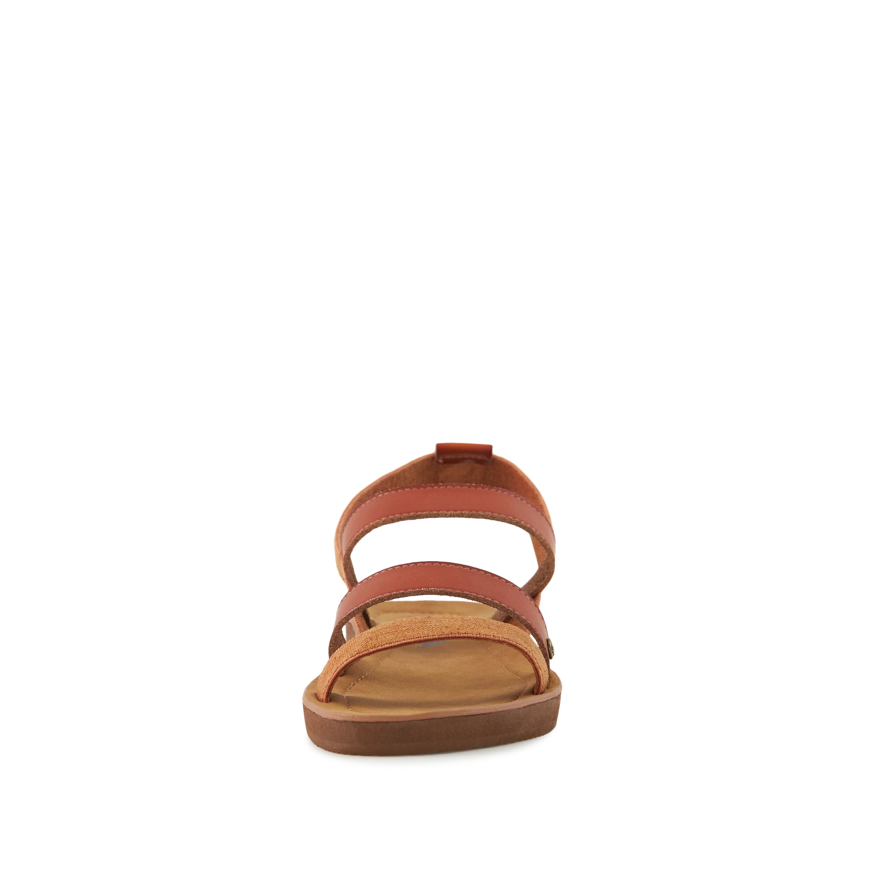 A pair of stylish Women's Sandals in Mystery Brown featuring a 1-inch flatform and stretchy sling back strap, made from faux-leather and canvas material.