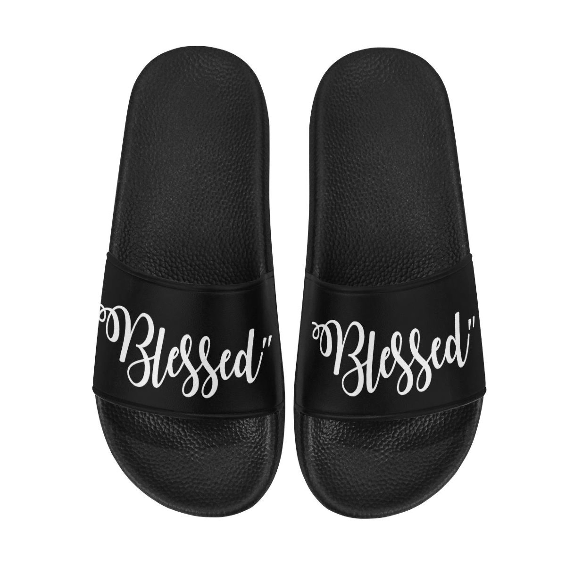 A pair of women's lightweight cushioned slides featuring a stylish Blessed print, perfect for casual wear and summer activities.