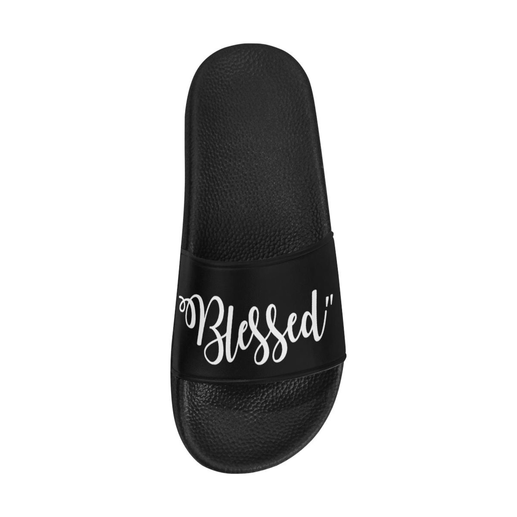 A pair of women's lightweight cushioned slides featuring a stylish Blessed print, perfect for casual wear and summer activities.