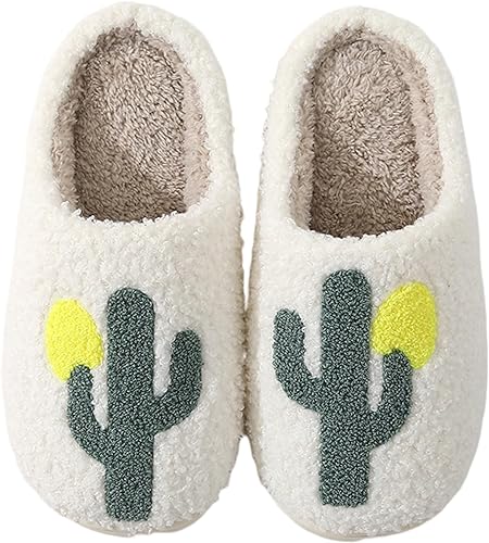 Cute Cactus Slippers featuring a plush cactus pattern and rubber sole, perfect for indoor comfort.