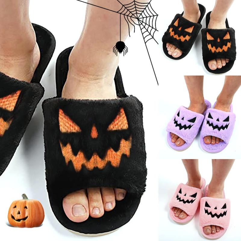 Cozy Halloween Pumpkin Fuzzy Slippers for women, featuring plush material, open toe design, and festive pumpkin embroidery.