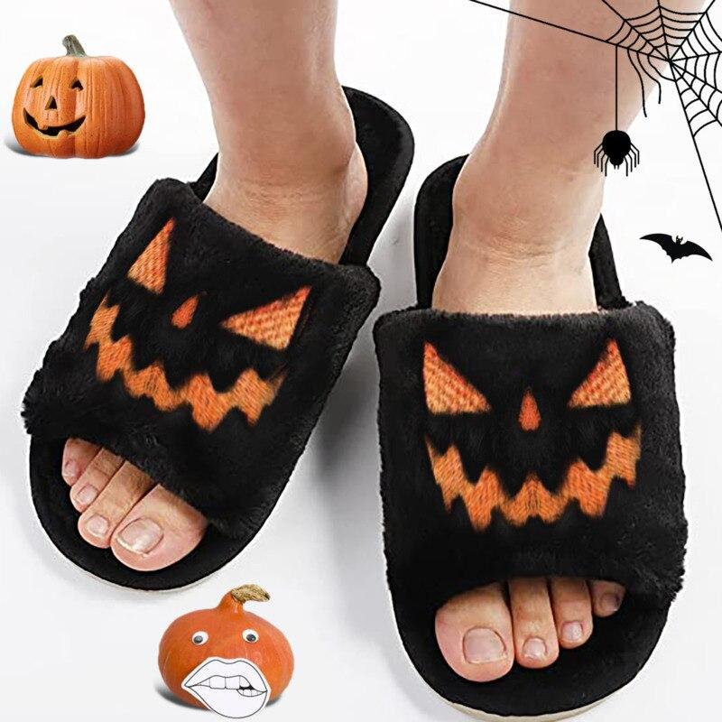 Cozy Halloween Pumpkin Fuzzy Slippers for women, featuring plush material, open toe design, and festive pumpkin embroidery.