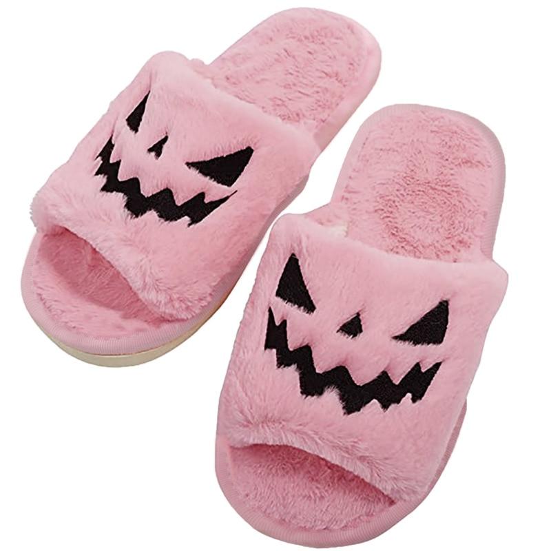 Cozy Halloween Pumpkin Fuzzy Slippers for women, featuring plush material, open toe design, and festive pumpkin embroidery.