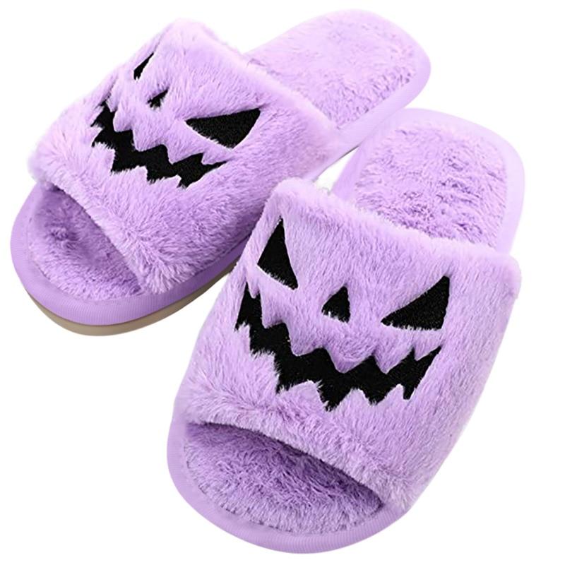 Cozy Halloween Pumpkin Fuzzy Slippers for women, featuring plush material, open toe design, and festive pumpkin embroidery.