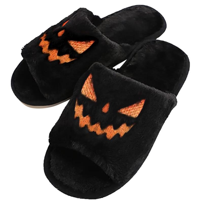 Cozy Halloween Pumpkin Fuzzy Slippers for women, featuring plush material, open toe design, and festive pumpkin embroidery.